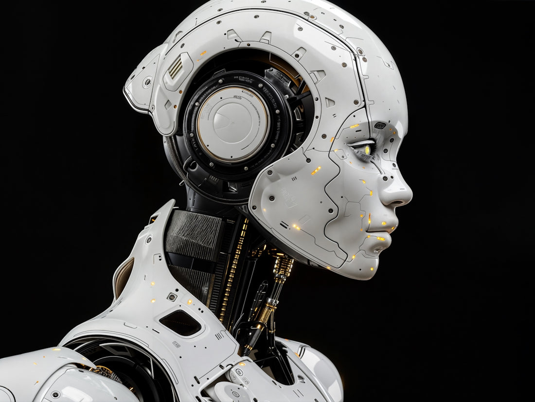 A white robot is standing in front of a black background