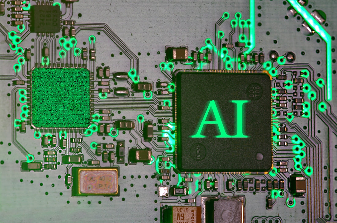 Glowing ai chip on a circuit board.